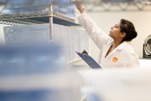 DDL scientist checking packages in the conditioning chamber